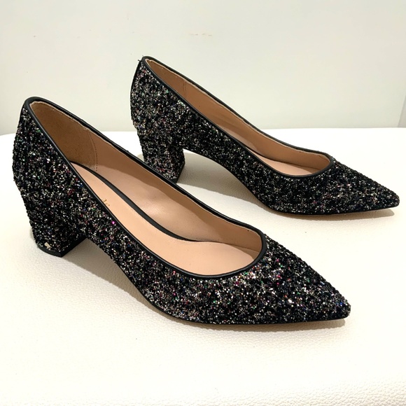 Kate Spade Menorca Shimmer Block Heel Pumps Black Glitter Pointed Toe Shoes 5.5 - Picture 2 of 8